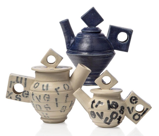 Robert Silver (British b.1955), A ceramic service, 21st century, impressed marks to bases,White stoneware with a grey oxidised glaze, hand-built and thrown, comprising; a teapot and cover, 18.5cm high, a sugar caddy and cover, 14.5cm high, two...