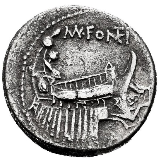 Roman Republic. Mn. Fonteius, 114-113 BC. AR Denarius,Rome mint - Galley sailing, MN·FONTEI