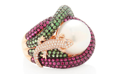 Ruby, Tsavorite, Cultured Pearl and Diamond Ring