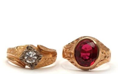 SOLD. Ruby ring set with faceted ruby, and spinel ring set with faceted spinel, mounted in 14k gold. Size 60. (2) – Bruun Rasmussen Auctioneers of Fine Art