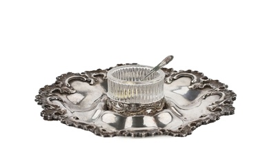 Russian silver caviar bowl with glass tray and silver spoon. 1843.