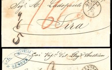 SARDEGNA-GRECIA 1857/58 - Due lettere non affrancate da Genova, rispettivamente...