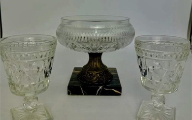 (SET of 3) CRYSTAL BOWL ON BRONZE STAND, MARBLE BASE and 2 HEAVY CUT CRYSTAL WINE/WATER GLASSES