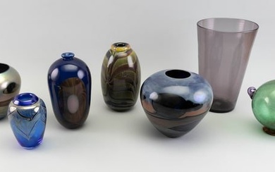 SEVEN ART GLASS VASES Late 20th Century Heights from 6" to 10".