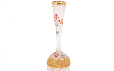 SMALL GLASS VASE WITH GOLD BORDER AND FINE FLORAL PATTERN