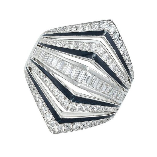 STEPHEN WEBSTER, A DIAMOND AND ENAMEL DRESS RING in 18ct white gold, the stylised geometric ring set