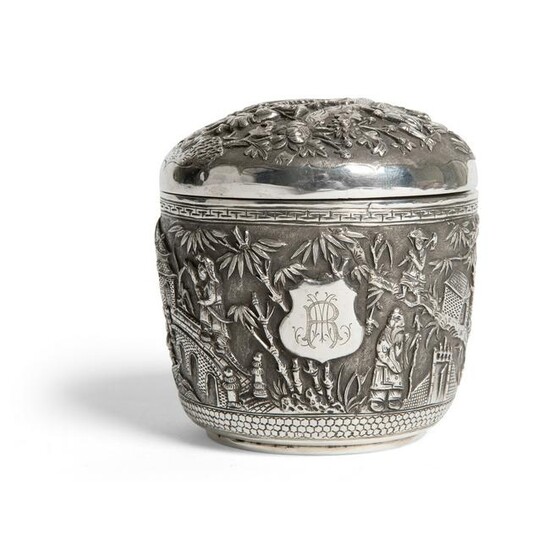 STRAITS CHINESE SILVER BETEL BOX WITH COVER LATE