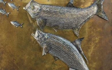 Sam MacDonald, Scottish b.1964 - Tarpon Chasing Bluerunners; pewter, gold-leaf and copper relief, signed and titled on the reverse 'Sam MacDonald Tarpon Chasing Bluerunners', 100 x 100.5 cm (ARR)
