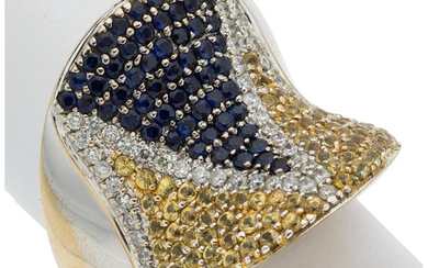 Sapphire, Diamond, Gold Ring The ring features round-cut yellow...