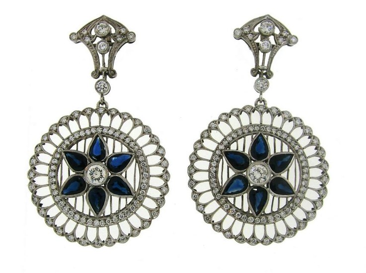 Sapphire Diamond Platinum Dangle EARRINGS Art Deco