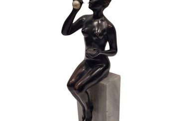 Sculpture, Mujer soplando burbujas - 29 cm - Bronze, Marble