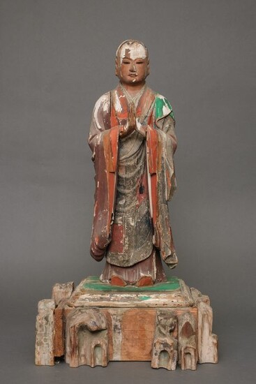 Sculpture - Wood - Bodhisattva - Gentle polychrome wooden sculpture the Bodhisattva Jizô in the guise of a serene monk. - Japan - Edo Period (1600-1868)