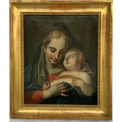 Scuola veneta del secolo XVIII, da Francesco Fontebasso "Madonna con bambino dormiente" olio su tela (cm 48x40). In cornice dorata...
