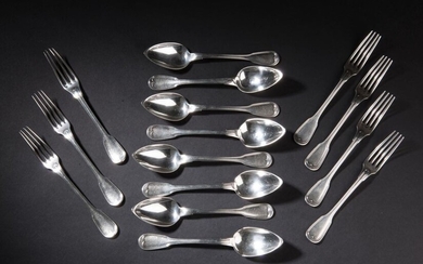 Seven place settings and one dessert spoon in silver, net...