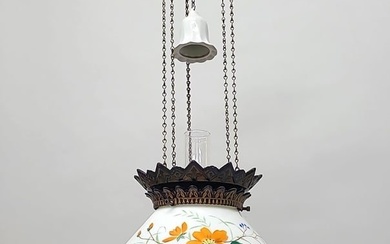 Signed Bradley & Hubbard dated 1877`s Cast Iron Hanging Oil Lamp with Antique Floral paint shade