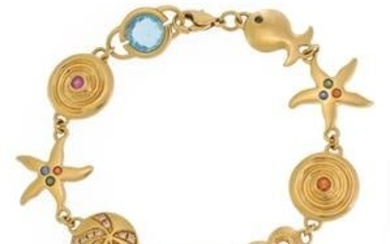 Signed Michelle 18k Yellow Gold Diamond & Gems Sea Life Bracelet