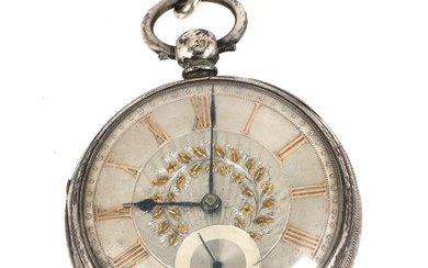Silver pocket watch. English lever escapement and key-winding. Silvered engine-turned dial with...