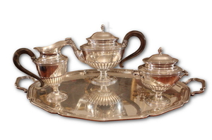 Silver tea set consisting of 3 pieces + tray, Naples, Italy, early 20th century