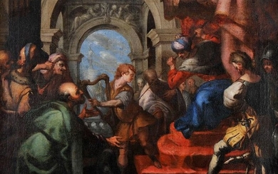 Sin Firmar - Escuela Italiana. Oleo sobre Lienzo. Siglo XVI / XVII. Rey Saul atacando David