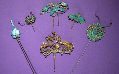 Six Kingfisher Feather and Enamel Embellished Hairpins