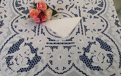 Spectacular tablecloth x12 large size 170x375 cm in linen with embroidery Intaglio and full stitch - Linen - After 2000