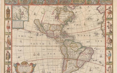 Speed's Popular Carte-a-Figures Map of the Americas, "America with Those Known Parts in That Unknowne Worlde Both People and Manner of Buildings Discribed and Inlarged", Speed, John