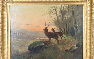 Stag & Doe on Mountain, Signed Oil on Canvas