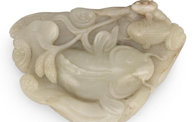 CELADON AND RUSSET JADE SCROLL WEIGHT Qing Dynasty...
