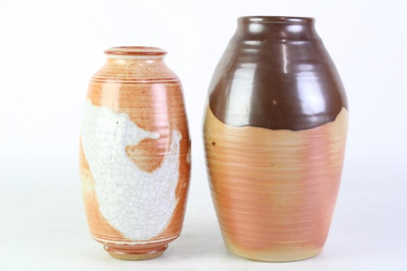 Studio Pottery Vase with Crackle Glaze Finishes (H23cm, impressed RF, Robert Forster) together with a Brown Drip Glaze Example (H26c...