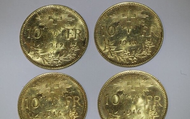 Switzerland. 10 Francs 1912, 1913, 2 x 1916 B Bern Vreneli, 4 Coins