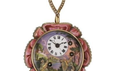 'THE ROSE' PIGUET & MEYLAN | AN EXCEPTIONAL GOLD AND ENAMEL ROSE-FORM TWO-TRAIN MUSICAL AUTOMATON WATCH WITH CENTRE SECONDS, PLAYING ON THE HOUR AND ON REQUEST, MADE FOR THE CHINESE MARKET CIRCA 1820, NO. 3568