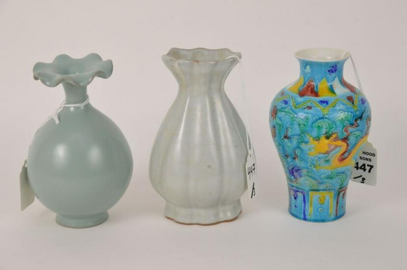 THREE CHINESE GLAZED POTTERY BUD VASES - Includes: (1)