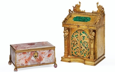 TWO GILT-METAL AND HARDSTONE TABLE BOXES, ONE POSSIBLY NORTHERN EUROPEAN, THE OTHER POSSIBLY RUSSIAN, SECOND HALF 19TH CENTURY