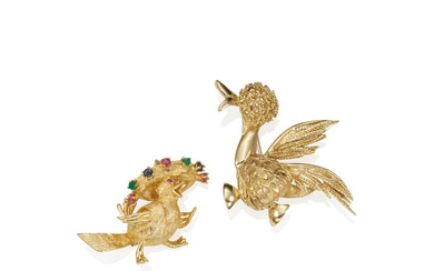 TWO GOLD AND GEM-SET BIRD BROOCHES