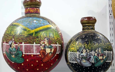 TWO INDIAN PAINTED METAL MOON SHAPED VASES