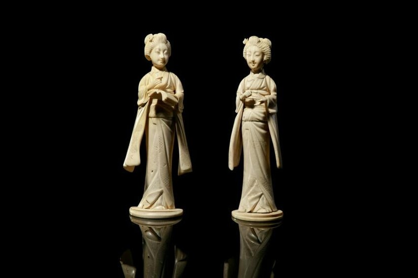 TWO JAPANESE BONE CARVED LADY FIGURES