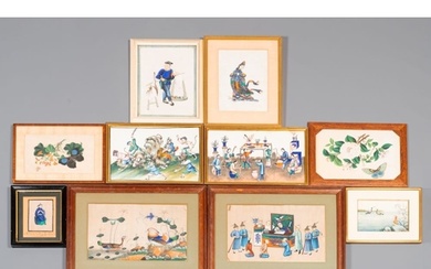 Ten Chinese rice paper paintings with figures, fauna and flo...