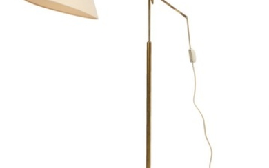 Th. Valentiner: Adjustable brass floor lamp mounted with acryllic shade with white fabric. Model THV-376. Poul Dinesen. H. 135. Arm. L. 62 cm.