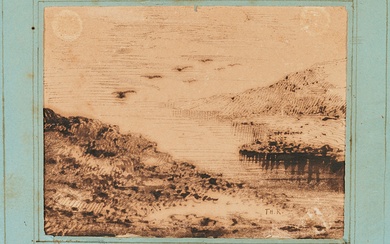 Théodore ROUSSEAU (1812-1867) Paysage aux oiseaux Encre sur papier, monogrammée en bas à droite. (pliures...
