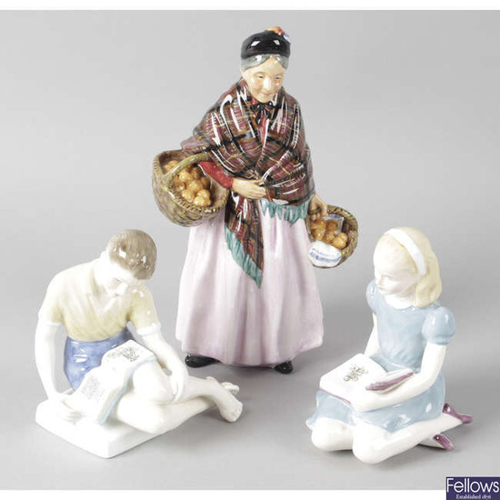 Three Royal Doulton figurines and Royal Crown Derby paperweight, together with a mixed selection of pottery and glassware