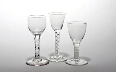 Three wine glasses c.1760, one with a rounded funnel bowl...
