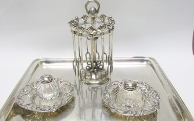 Tray, Spice and Snack Service Set (skewers). - .915 silver, .925 silver - 461 gr. - Spain - First half 20th century