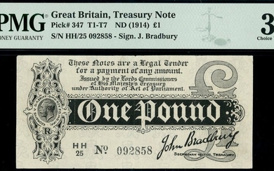 Treasury Series, John Bradbury, first issue £1, ND (7 August 1914), serial number HH/25 092858,...