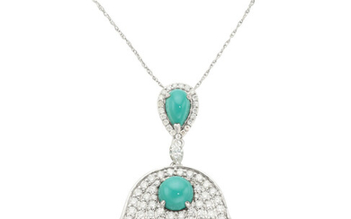 Turquoise, Diamond, White Gold Pendant-Necklace, M. Christoff The pendant...