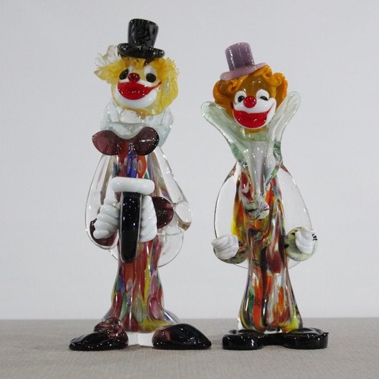 Two [2] Colorful Murano Art Glass Clown Figures