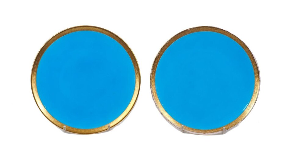 Two Minton plates, late 19th/early 20th century, of bright blue ground with gilt Greek key pattern border, one with printed globe and crown mark and T. Goode & Co. London to the underside, each 22cm diameter (2)