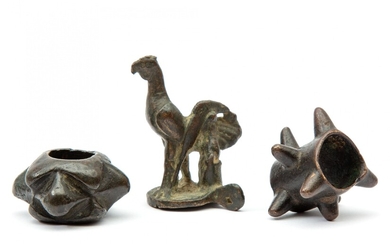 Two bronze thumb rings and a figure of a cockerel