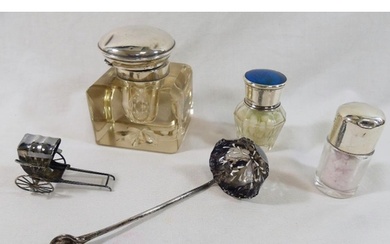 Two small glass toiletry jars with silver lids, one inlaid w...