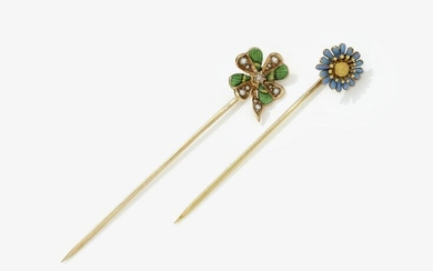 Two tie pins with cloverleaf and forget-me-not