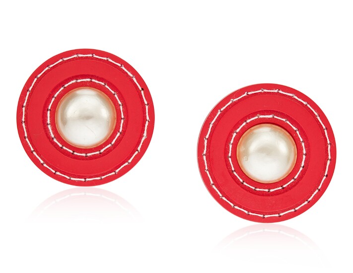 UNSIGNED CHANEL FAUX PEARL AND RED PLASTIC EARRINGS